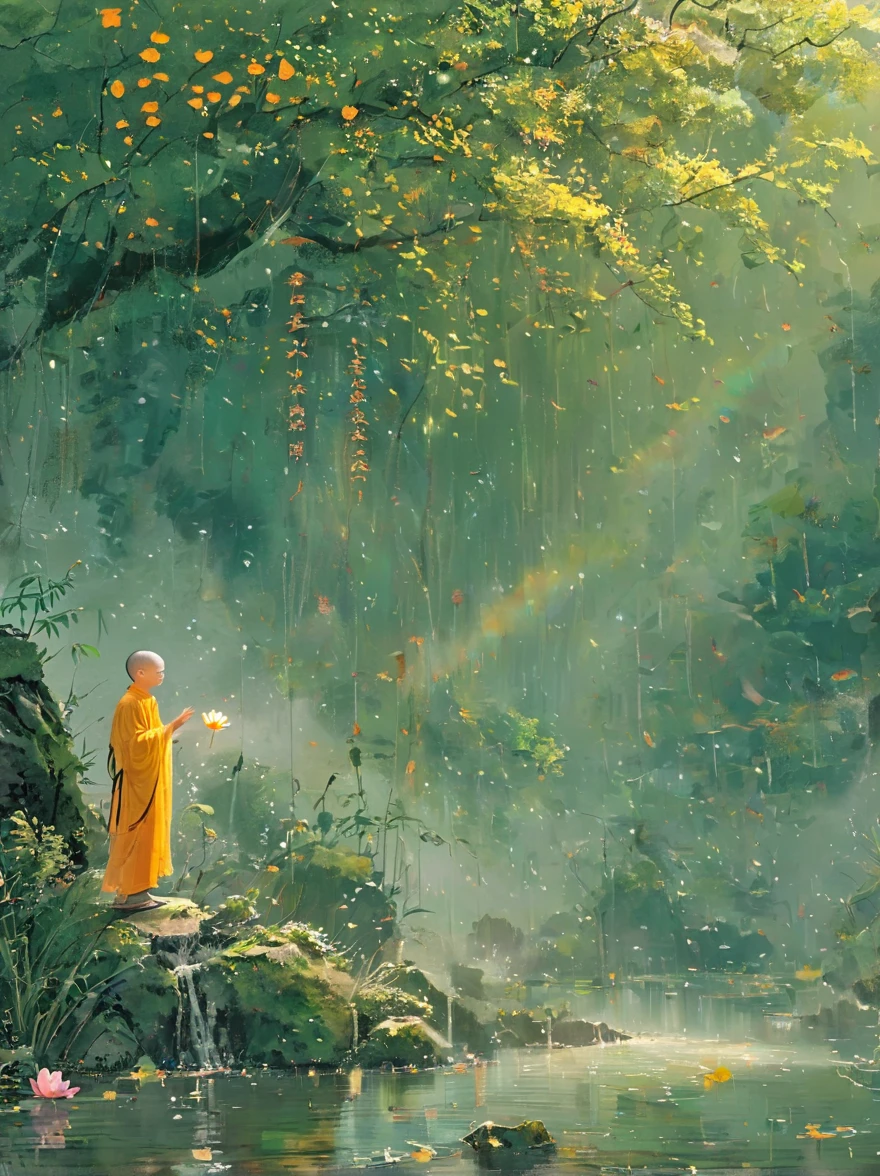 Sensible, Elderly monk sitting in lotus position, Suspended on a mossy stone, Surrounded by a floating lotus, In an old forest with dense leaves, The cyan robe has golden cloud patterns on it, Ancient calligraphic symbols swirl around him, A circle of golden light descended from the sky, Sacred and peaceful atmosphere, Forest creatures and peaceful observation, The scent of sandalwood, The sound of a mountain stream, Mysterious scene, high resolution, Super detailed, Intricate details, The award-winning, Movie Lighting, dramatic shadows, Rich in details, Volumetric Lighting, The face is rich in detail, Elegant composition, atmosphere, paisagem de fantasia, Studio Ghibli style, best quality, 8k, masterpiece