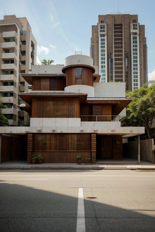 un edificio minimalista, baado en el movimiento organico de frank lloyd wright contruido en una ciudad caotica