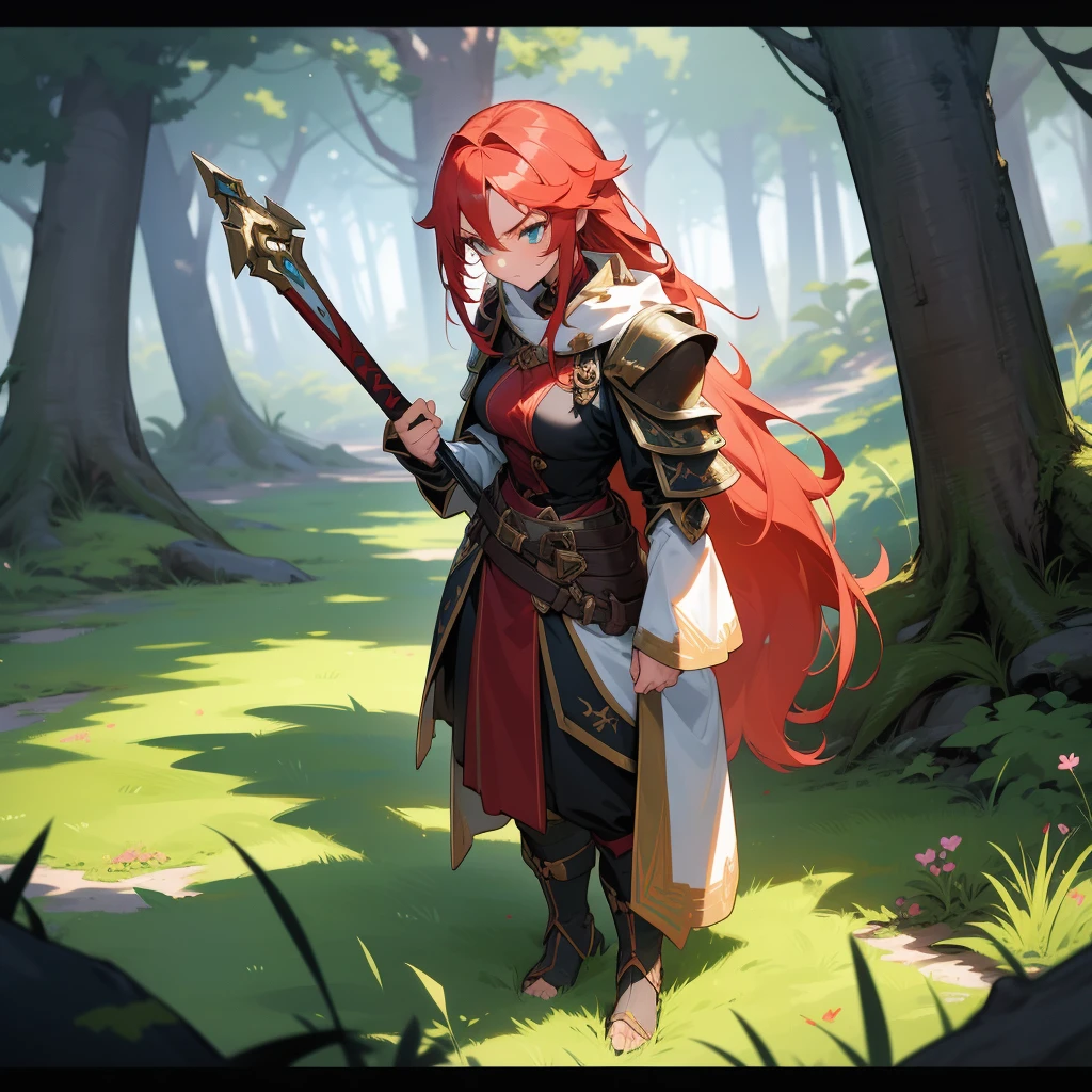 An anime girl, clad in a hunter's outfit, stood with her guard up, her red hair falling in loose waves around her face. The vibrant hue of her hair contrasted sharply with the muted greens of the forest behind her. Her eyes, sharp and focused, scanned the surroundings warily, her fingers resting on the hilt of her sword. With a wary glance over her shoulder, she prepared herself for any potential threat. Her fiery spirit shone through her determined expression.