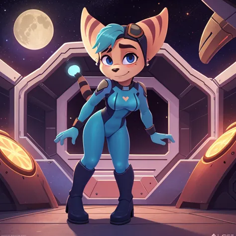 Solo, female, detailed, fluffy, furry, rivet (ratchet and clank), medium breasts, absurdres, bedroom eyes, detailed, solo, zero ...