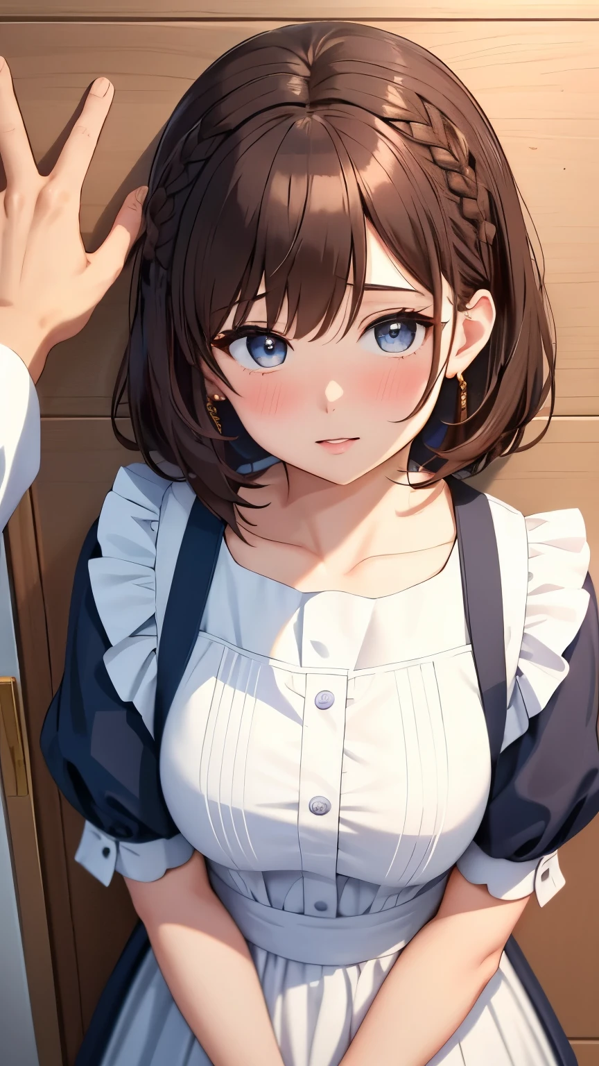 (best quality), 1girl and 1boy, (kabedon pov:1.3), ultra-detailed, illustration, masterpiece, aichan, beautiful detailed eyes, short brown hair, side braid, large breasts, church, glossy lips, lips parted, shocked, maid, short puffy sleeves, collarbone