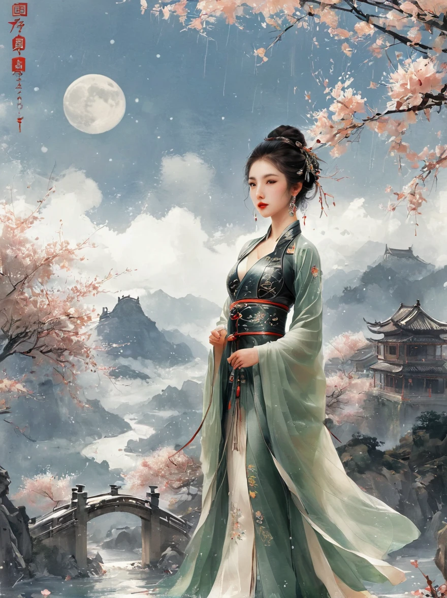 swordswoman, 1girl, architecture ,artist name ,bare tree ,black hair, branch, bridge ,brown eyes, building castle ,cherry blossoms ,chinese clothes ,closed mouth ,cloud ,cloudy sky, day, dress, earrings ,east asian architecture ,flower ,jewelry, lips ,looking at viewer, moon ,mountain ,mountainous horizon ,outdoors, pagoda ,realistic, sky ,snow ,solo ,tower ,tree ,watermark, web address ,winter ,sword ,Hanfu