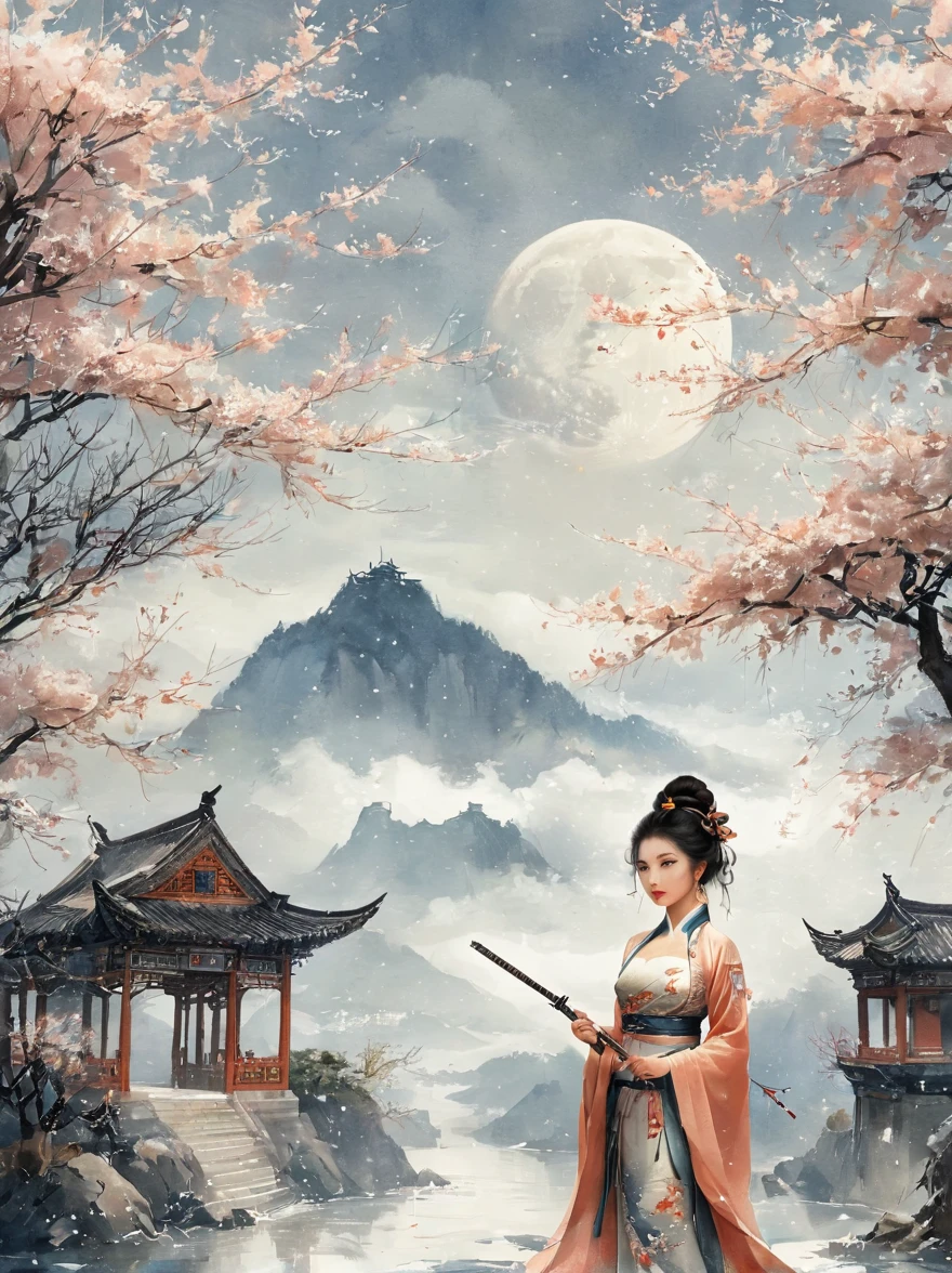 swordswoman, 1girl, architecture ,artist name ,bare tree ,black hair, branch, bridge ,brown eyes, building castle ,cherry blossoms ,chinese clothes ,closed mouth ,cloud ,cloudy sky, day, dress, earrings ,east asian architecture ,flower ,jewelry, lips ,looking at viewer, moon ,mountain ,mountainous horizon ,outdoors, pagoda ,realistic, sky ,snow ,solo ,tower ,tree ,watermark, web address ,winter ,sword ,Hanfu