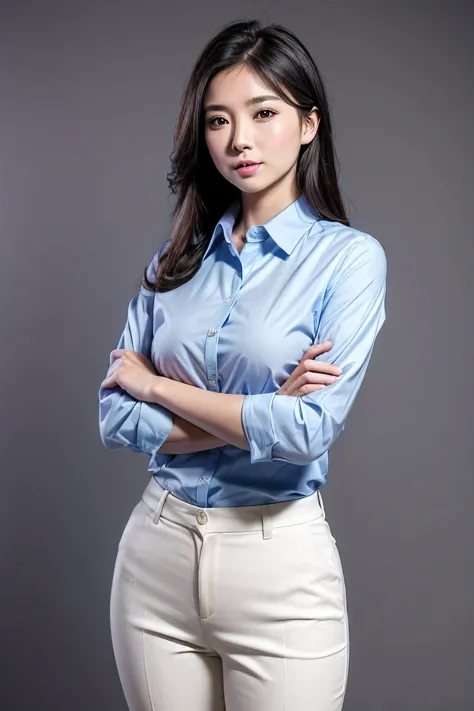 Happy and confident young professional business woman wearing blue shirt, beautiful Asian female executive looking at camera, st...