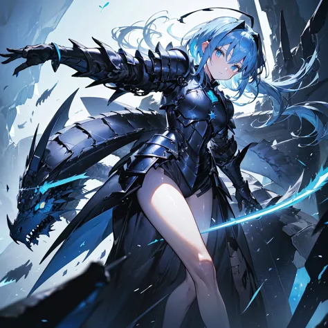 ((high resolution　Blue Hair　long髪　Black Armor　Dragon Knight　thunder　Lonely　despair))　((night　Western style　chest　Shining Aura　gl...