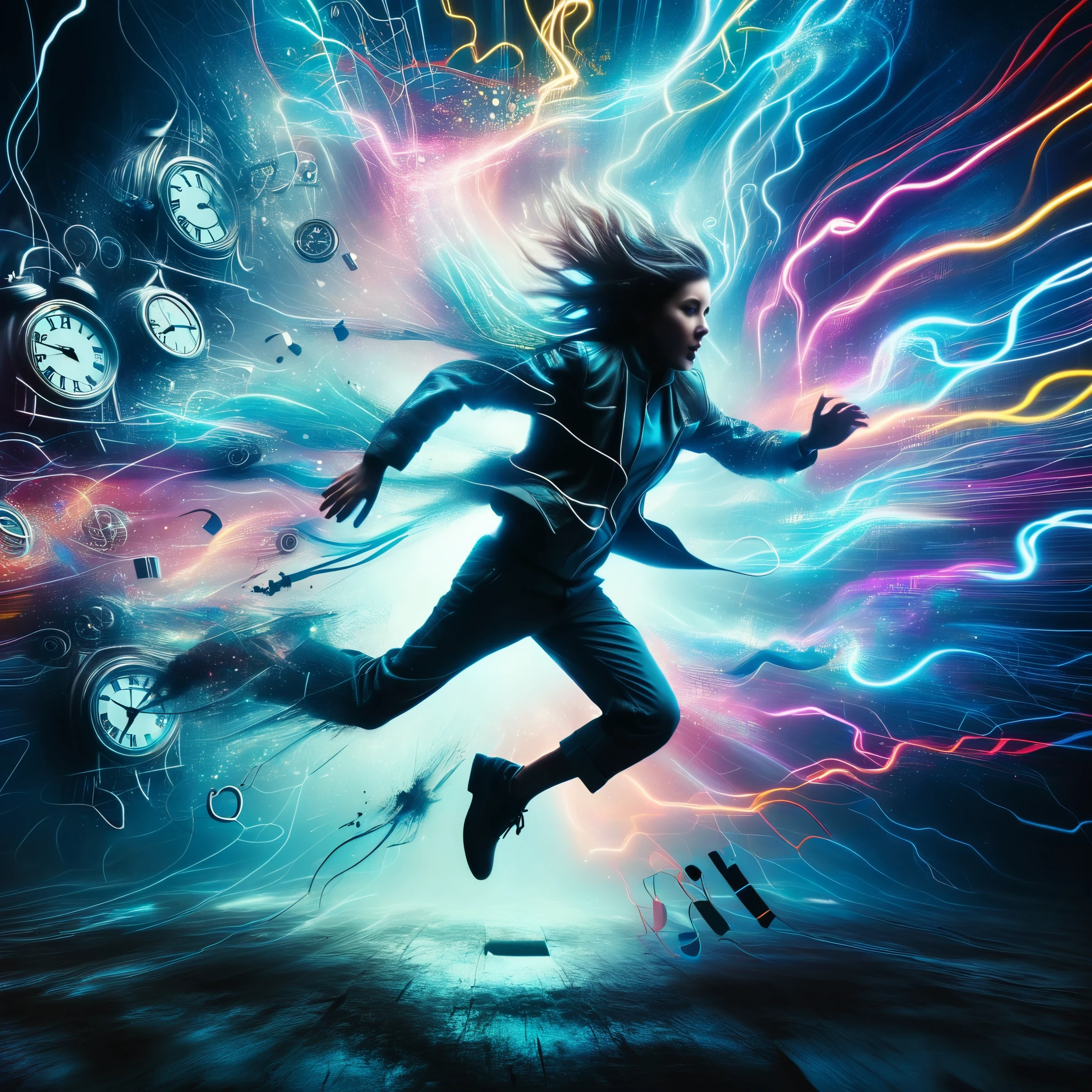 A futuristic, digitally-rendered artwork featuring a figure leaping through a vortex of clock faces and neon light trails. The image represents the concept of time travel and the potential for future advancements.