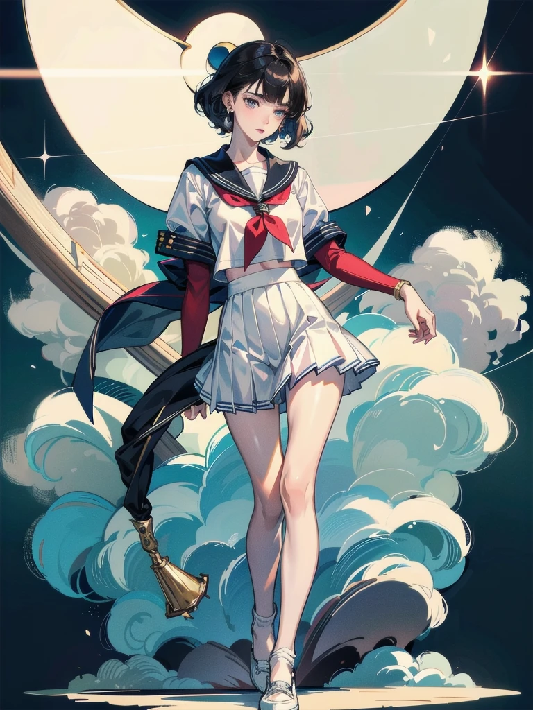 sailor school_uniform, absurdres, RAW photo, extremely delicate and beautiful, masterpiece, Best Quality, ultra high resolution, 32k, hyperrealistic, ultra-detailed, detailed description, pale skin, 20 years old, tearful mole, earring, Colossal tits, short medium hair, wavy hair, full body shot,