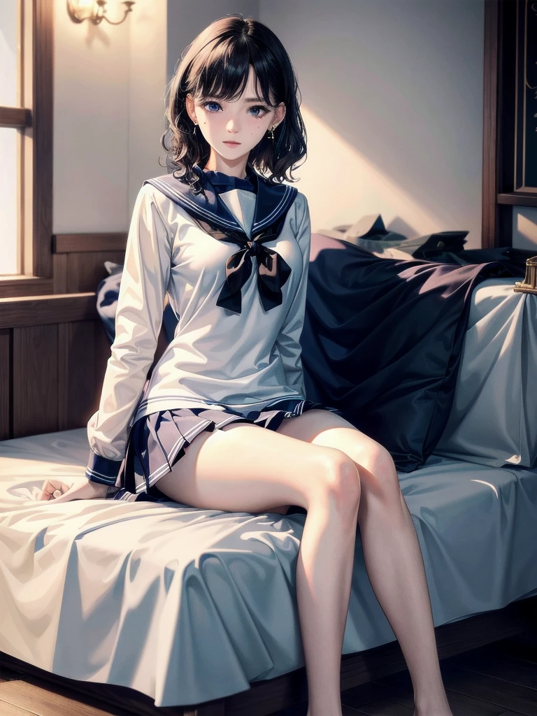 sailor school_uniform, absurdres, RAW photo, extremely delicate and beautiful, masterpiece, Best Quality, ultra high resolution, 32k, hyperrealistic, ultra-detailed, detailed description, pale skin, 20 years old, tearful mole, earring, Colossal tits, short medium hair, wavy hair, full body shot,