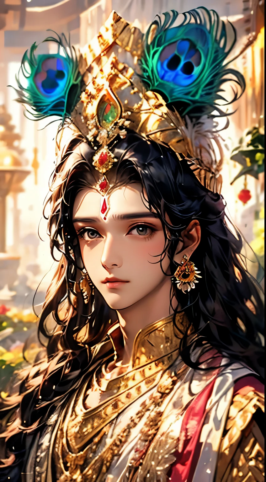 (masterpiece, best quality:1.2), Lord Krishna, alone，anime style，black hair, peacock feathers, pink lips and light flower earrings puts a finger on his mouth, Yellow-green background, closeup shot