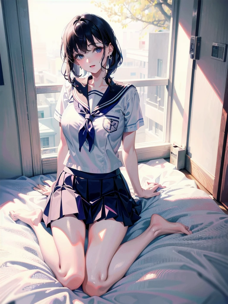 sailor school_uniform, absurdres, RAW photo, extremely delicate and beautiful, masterpiece, Best Quality, ultra high resolution, 32k, hyperrealistic, ultra-detailed, detailed description, pale skin, 20 years old, tearful mole, earring, Colossal , short medium hair, wavy hair, full body shot,