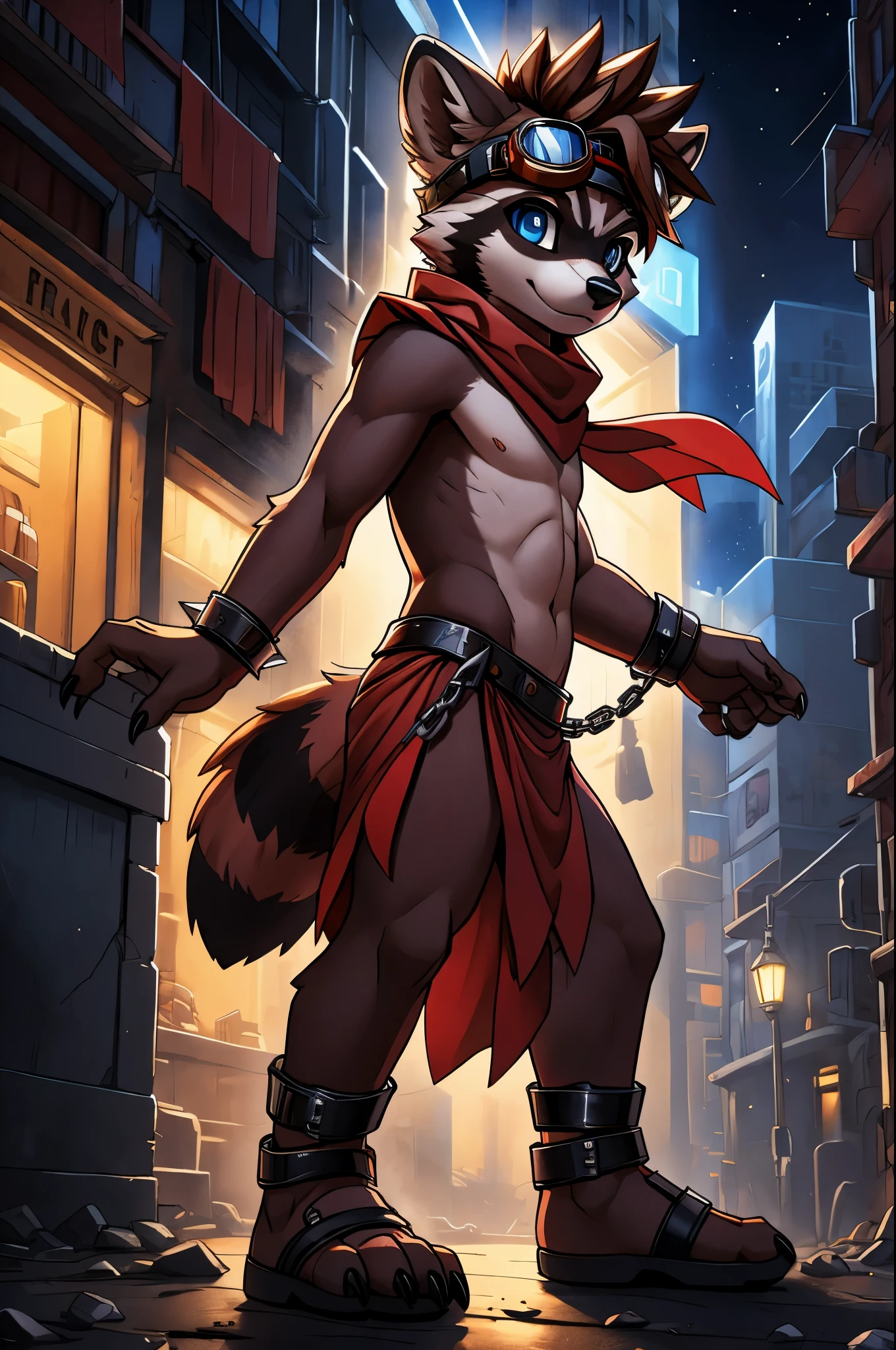 feno lighting, deep shadow, dynamic angle, masterpiece, high quality, hi res, solo, young Furry, furry, young, raccoon, spiked brown hair only on head, red scarf, blue eyes, goggles, chain harness, red loincloth, red cape, masterpiece, detail body, fur all over body, detailed face, detailed eyes, detailed hands, Skinny, claws, high resolution, metal cuffs on wrists, metal cuffs on ankles, no shirt, no underwear, city, night, street, side view