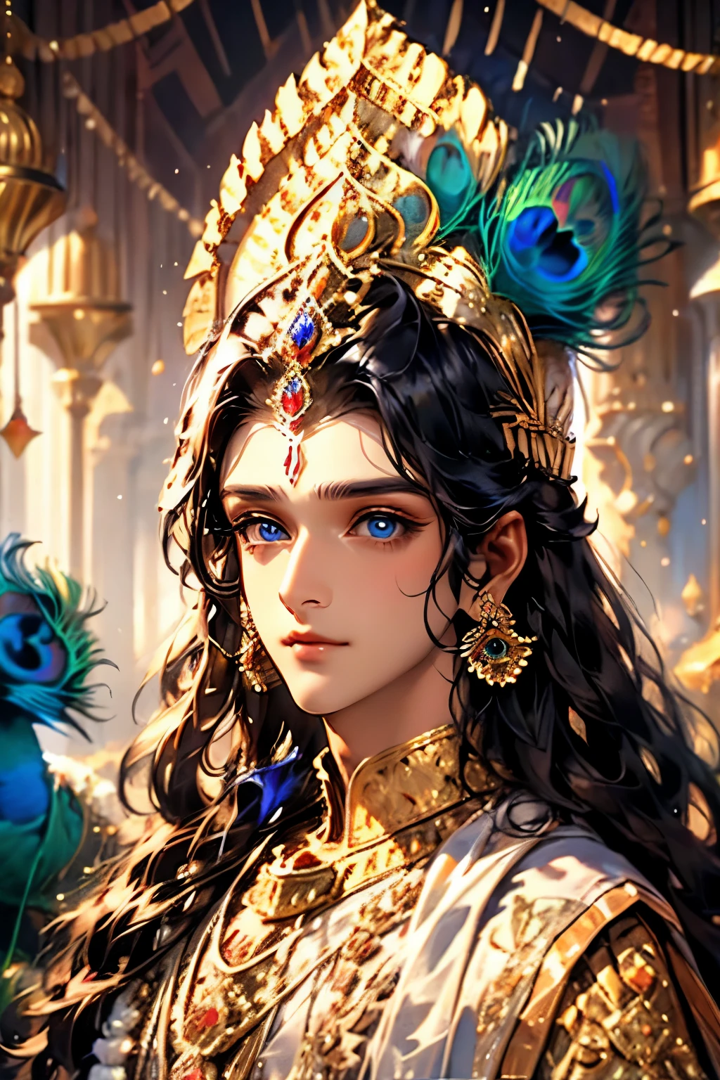 Unbeatable beauty, Skin is firm and shiny, Shiny straight beautiful black blonde, Silky extra long straight hair, Eyeliner, beautiful innocent, Lord Krishna, closeup shot, big big beautiful bright blue eyes, beautiful cute man, charismatic face, peacock feathers
