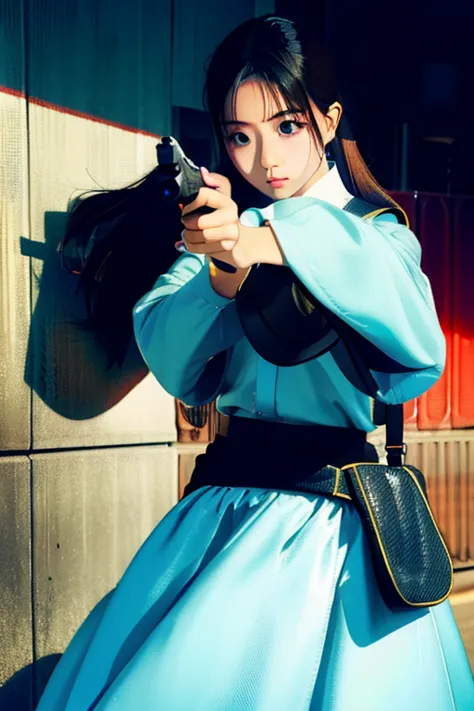 girl cute face with big skirt and pick gun and aim enemy are to close