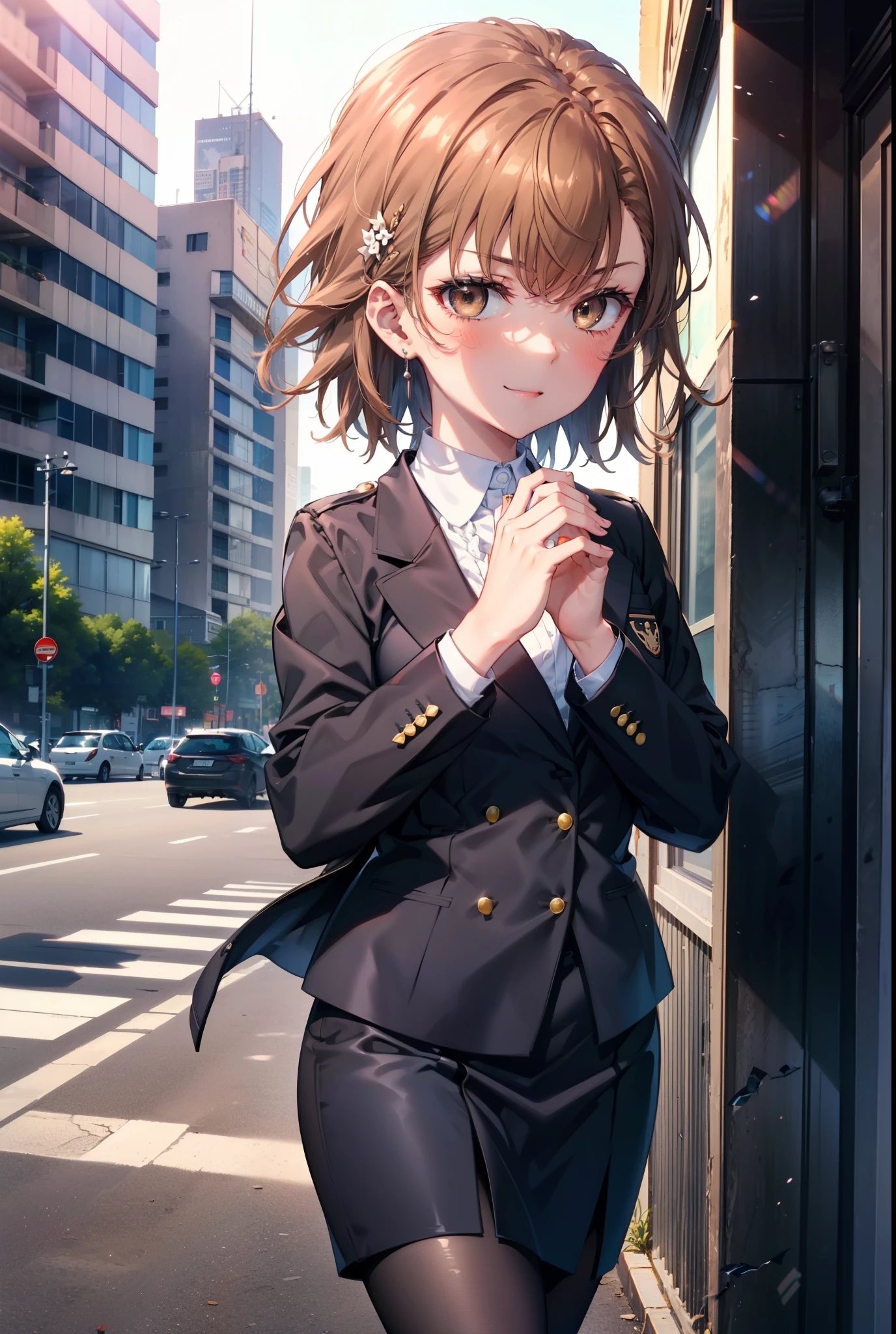 8k,highest quality,masterpiece,(((Pixel Perfect, Perfect in every detail))), 一peopleで, 女の子1people, ,Mycotrose, Brown eyes,Brown Hair,short hair,blush,happy smile, smile, Open your mouth,OL, Black suit jacket, Collared jacket, White dress shirt, Collared shirt, Neckline, button, Black pencil skirt, Black pantyhose,Stiletto heels,sunset,evening,The sun goes down,walking,whole bodyがイラストに入るように,
break outdoors, Building district,crowd, people々々々々,
break looking at viewer, whole body, 
break (masterpiece:1.2), highest quality, High resolution, unity 8k wallpaper, (shape:0.8), (Beautiful details:1.6), Highly detailed face, Perfect lighting, Extremely detailed CG, (Perfect hands, Perfect Anatomy),