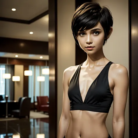 1girl, (skinny body : 1.1), (flat chest : 1.3), (pixie cut short hair : 1.2) , standing in a hotel lobby,wearing black tanktop, ...