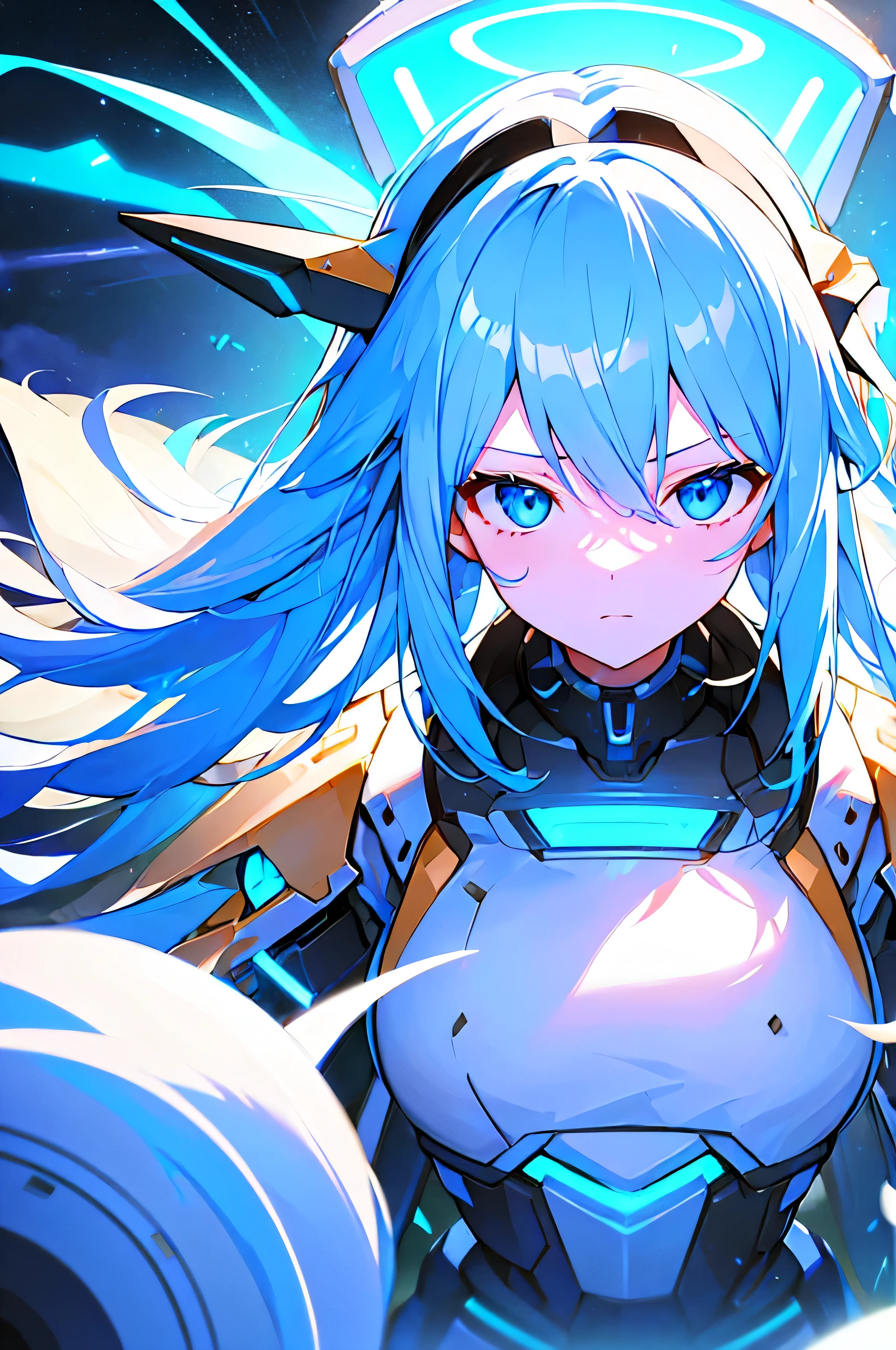 [(ATMOSPHERE SKY:1.5)::5], (((masterpiece))), (upper body), 1girl, ((solo)), white hair, long hair, Blue eyes, science fiction, (mecha musume:1.3), headgear, (neon light Blue), Anime style, (blue wind effect:1.0)