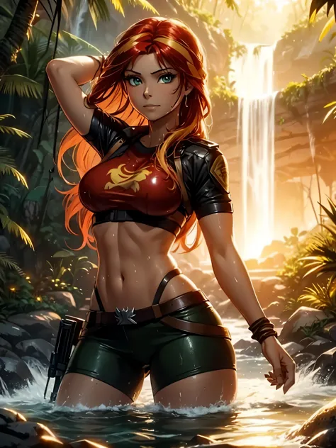 sunset shimmer dressed as lara croft, in a waterfall in a jungle, wet clothes clinging to body, wet hair, sexy