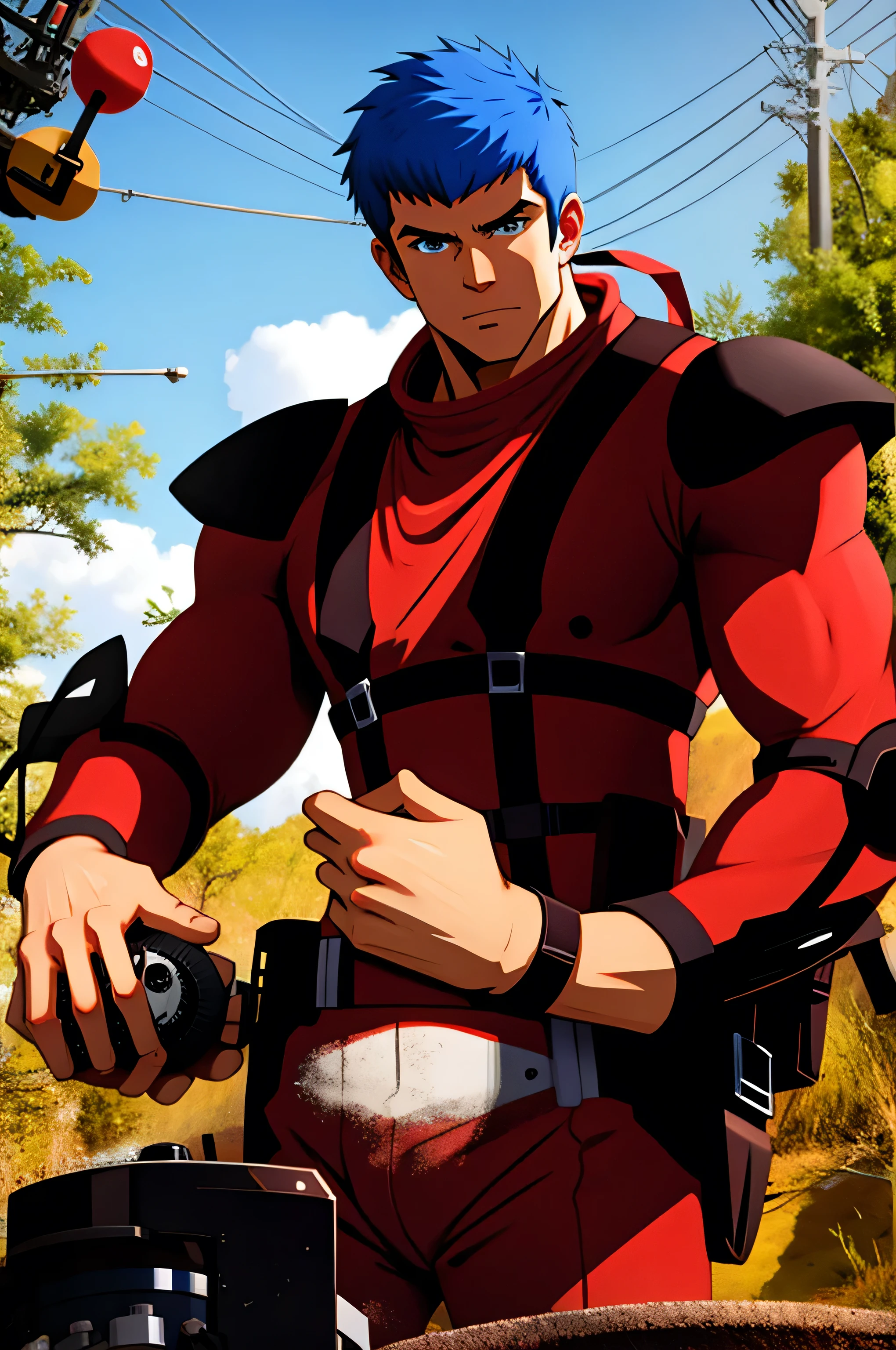 (masterpiece, highest quality, 16ｋAnime image quality, High resolution, Anime Style, Clean brush strokes, Very detailed, Perfect Anatomy), 1 person, alone,((Kiriko_Cuvy)), Detailed face, Blue Hair, Short Hair、Short bangs, Fine grain, Blue-green eyes, Bitter face, Cowboy Shot, Large pectoral muscles:1.6, (Red pressure suit、Kiriko&#39;s),Great abs: 1.6, Tight waist:1.6, Buttocks:1.5, Amazing muscular legs、(Red pressure suitパンツ、Kiriko&#39;s), Old leather shoes、(Are standing、Ready your gun?、Stepping on a rock with one foot),Looking at the audience,background(battlefield、wilderness、Broken armored car、inflammation、cigarette)、alone, 