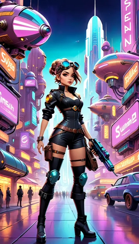 A girl in an atompunk city, wearing a futuristic outfit, with glowing neon lights reflecting on her metallic, high-tech goggles ...