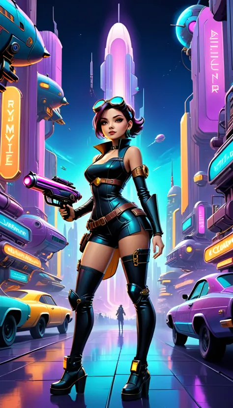 A girl in an atompunk city, wearing a futuristic outfit, with glowing neon lights reflecting on her metallic, high-tech goggles ...