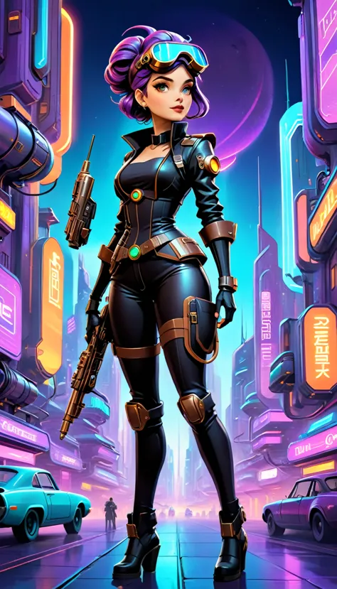 A girl in an atompunk city, wearing a futuristic outfit, with glowing neon lights reflecting on her metallic, high-tech goggles ...