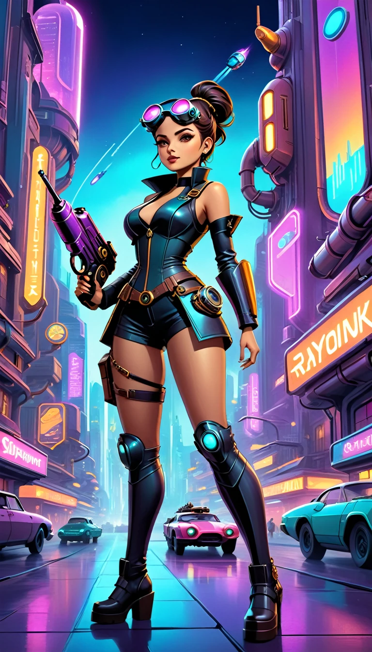 A girl in an atompunk city, wearing a futuristic outfit, with glowing neon lights reflecting on her metallic, high-tech goggles and visor. She is holding a vintage raygun in her hand and standing in front of a retro-futuristic vehicle. The cityscape is filled with towering skyscrapers adorned with art deco designs, and floating advertisements showcasing advanced technology. The streets are bustling with people wearing steampunk-inspired clothing, and there are airships soaring through the sky. The overall scene is bathed in a vibrant color palette, with a mix of cool blues and purples contrasting with the warm hues of the neon lights. The lighting is dramatic and dynamic, casting long shadows and emphasizing the futuristic elements in the scene. The image quality is (best quality, ultra-detailed, realistic:1.37), with sharp focus and vivid colors. The art style is a combination of steampunk and cyberpunk, with intricate details and a sense of technological advancement.