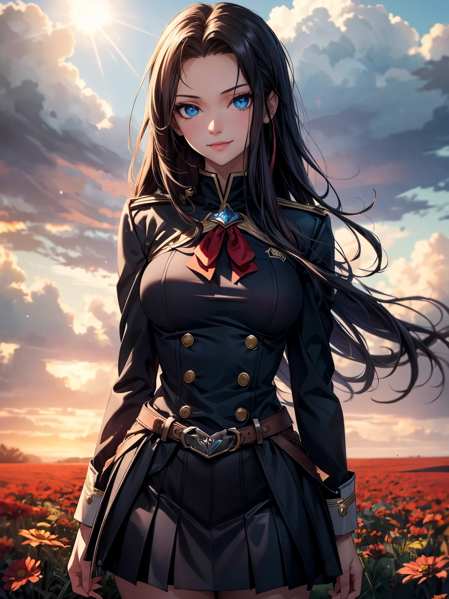 (best quality, masterpiece:1.3),kallencodegeass,(blackknightuniform,:1.3), extremely detailed,solo,1girl,(colorful),(finely detailed beautiful eyes and detailed face),blue eyes,red hair,cinematic lighting,extremely detailed CG unity 8k wallpaper,solo,smile,(Flowery meadow) sky, cloudy_sky, sunlight, sun,(cowboy shot:1.3),flipped hair, red headband, sultry look , seductive smile, inviting pose,