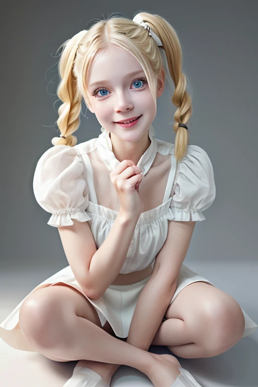 ,6-year-old girl,playful pose,dynamic pose,with your legs spread,transparent white blouse,short black skirt,white stockings,blonde hair,cute pigtails,beautiful detailed eyes,long eyelashes,bright smile,innocence,fair skin,soft shadows,dreamlike,serene landscape,concept artist's imagination,ultra-fine painting,physically-based rendering,girlmodel, 