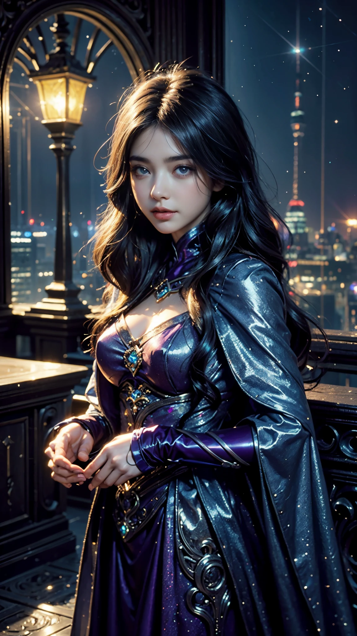 4k, ultra hd, masterpiece, 1 girl, good face, ((detailed eyes)), very long hair, impressive hairstyle, perfect brasts, fantasy cosplay, purple cosplay, cape, night city, building, lamps, depth of field, reflection light, sparkle,