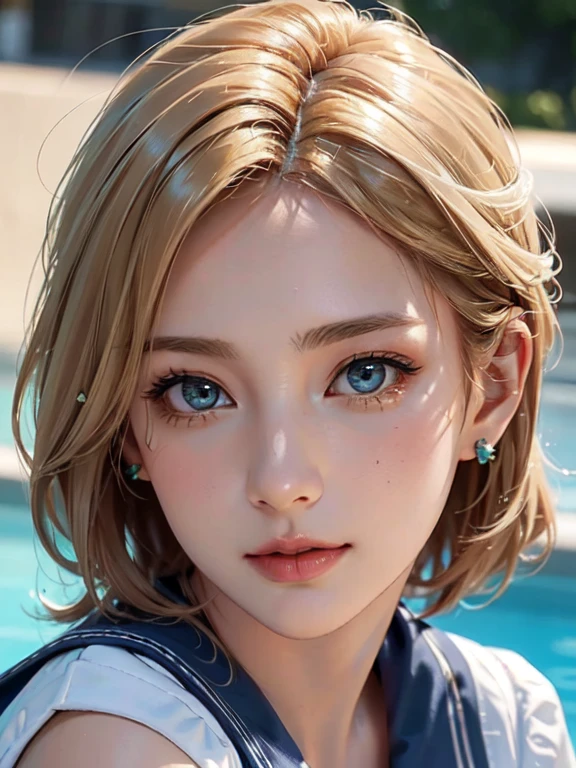 masterpiece, 最high quality, high quality, High resolution, high qualityの質感, high qualityの影, Attention to detail, Beautiful details, In detail, Highly detailed CG, Detailed Texture, a Realistic representation of the face, Realistic, colorful, delicate, Cinematic Light, Side light, Lens flare, Ray Tracing, Sharp focus, (Intricate details, compensate, Purelos Face_v1:0.5), (detailed beautiful delicate face, detailed beautiful delicate eyes, Perfectly balanced face, Attention to detailed skin, Detailed skin, The optimal ratio is four fingers to one thumb, Upper Body Shot,  (Large Breasts), (Cleavage),  ((Smooth texture, Realistic texture, PhotoRealistic)),  (Beautiful eyes in every detail, Beautiful eyelashes, Emerald Eyes), Blonde medium hair, 1 female,  By the pool,  (((Sailor shirt, No sleeve, Open Front))),   (Beautiful Face, Cute face, Detailed face),   (((sunny))), Perfect Eyes Eyes