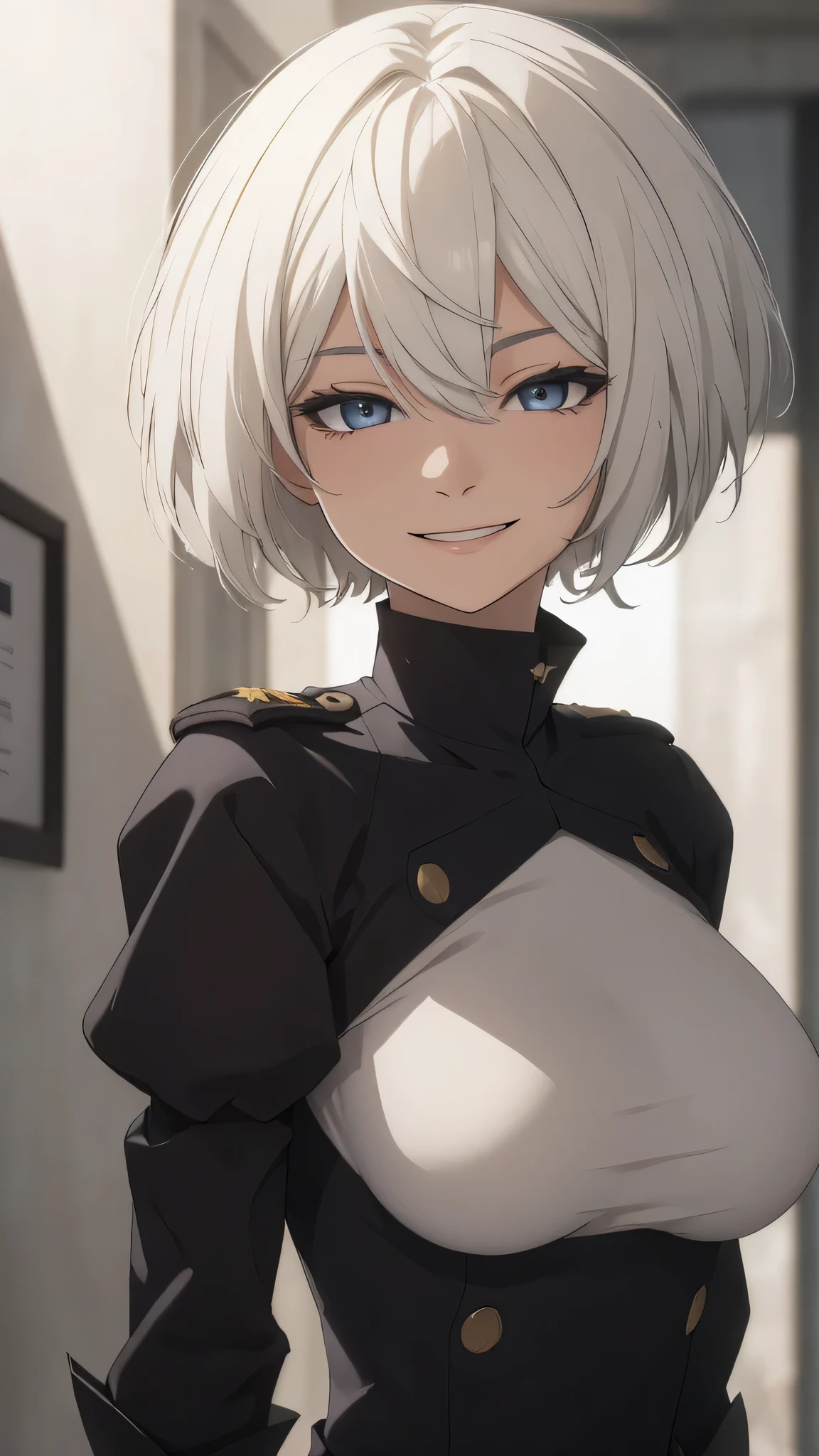 extremely detailed CG unity 8k wallpaper), (masterpiece), (best quality), (ultra-detailed), (best illustration), (best shadow), (absurdres) ,(detailed eyes), 2b, 1girl, short hair, white hair, solo, Intimidating women, admiral uniform, night, hero pose, white clothes, General Uniform, Military Uniform, Sunlight, exposed to sunlight, apartment background, laughing, happy face, smiling