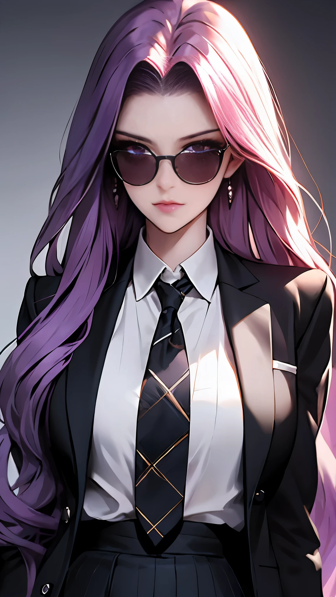 highest quality,masterpiece,High resolution,only,{Black business suit:1.40},{tie:1.20},{sunglasses:1.25},{White gloves:1.15},{ White shirt:1.10}, {Black Skirt:1.15}, good looking, {Medusa_FGO:1.15}, length_hair, purple_hair, very_length_hair, purple_eye, chest, big_chest