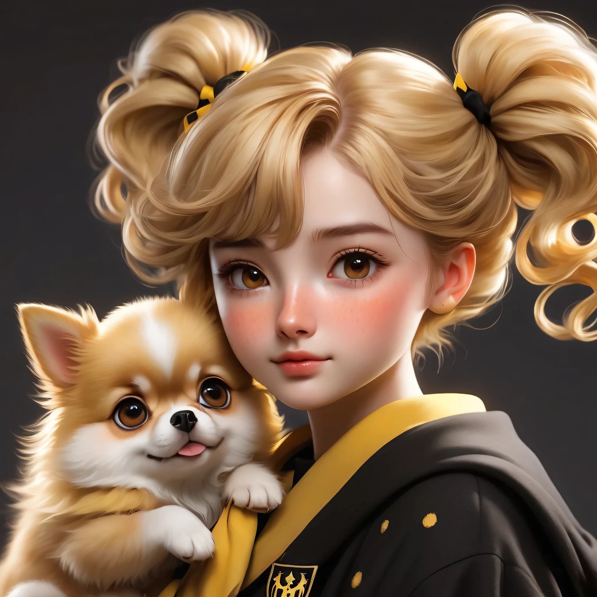 mejor calidad, obra maestra, estudiantes de hogwarts, Hufflepuff, Pelo corto con colas gemelas altas.., Cabello corto con dos colas rubias doradas.., serious, muy travieso, lindo y brillante, pecas en la cara, Junto a su adorable cachorro pomerania, ojos marrones detallados, cara detallada, Piel fina, luz tenue, misterioso, sombra suave, textura detallada, luz dinámica,