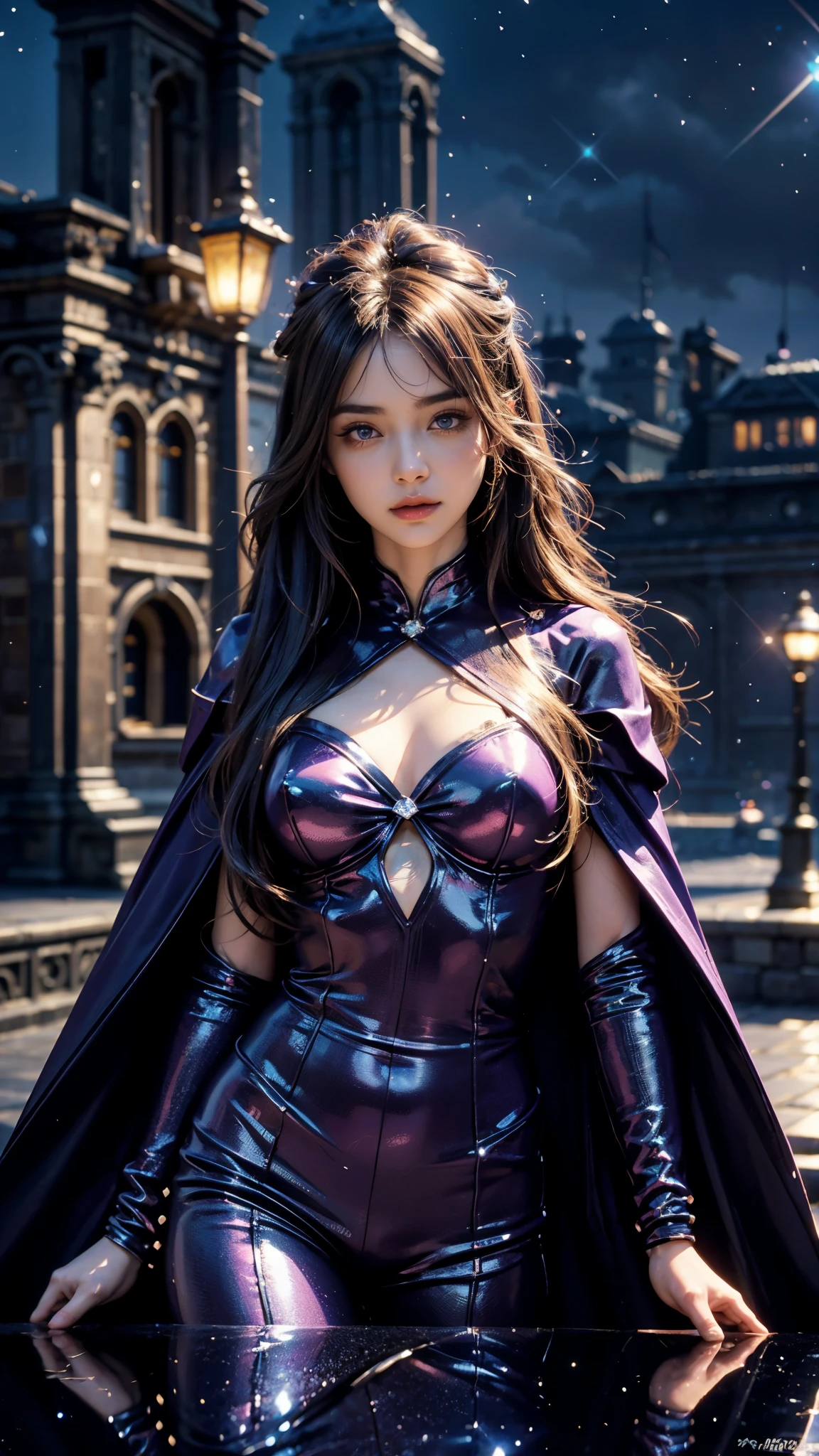 4k, ultra hd, masterpiece, 1 girl, good face, ((detailed eyes)), very long hair, impressive hairstyle, perfect brasts, fantasy cosplay, purple cosplay, cape, night city, building, lamps, depth of field, reflection light, sparkle,