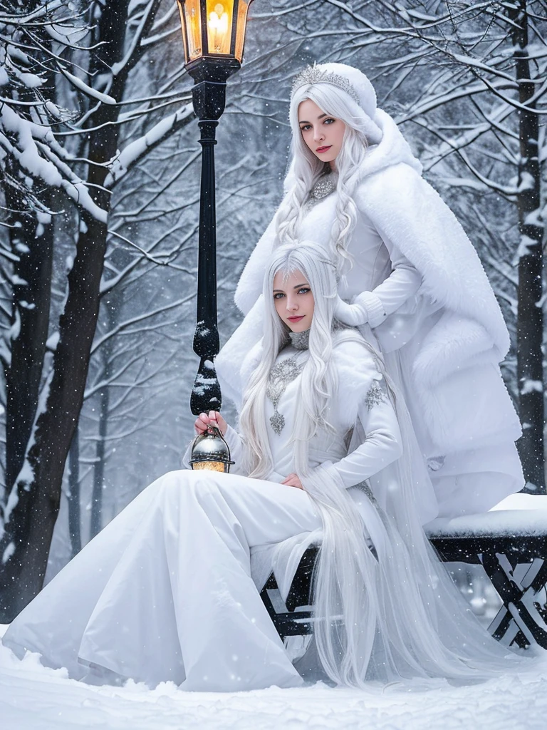 araffe sitting on a snowy bench with a lantern in her hand, in the snow, girl under lantern, inspired by Anne Stokes, in snow, only snow i the background, very long snow colored hair, full body:: snow outside::, in style of anne stokes, cold snow outside, fantasy photoshoot, pale snow white skin, white witch, goddess of winter