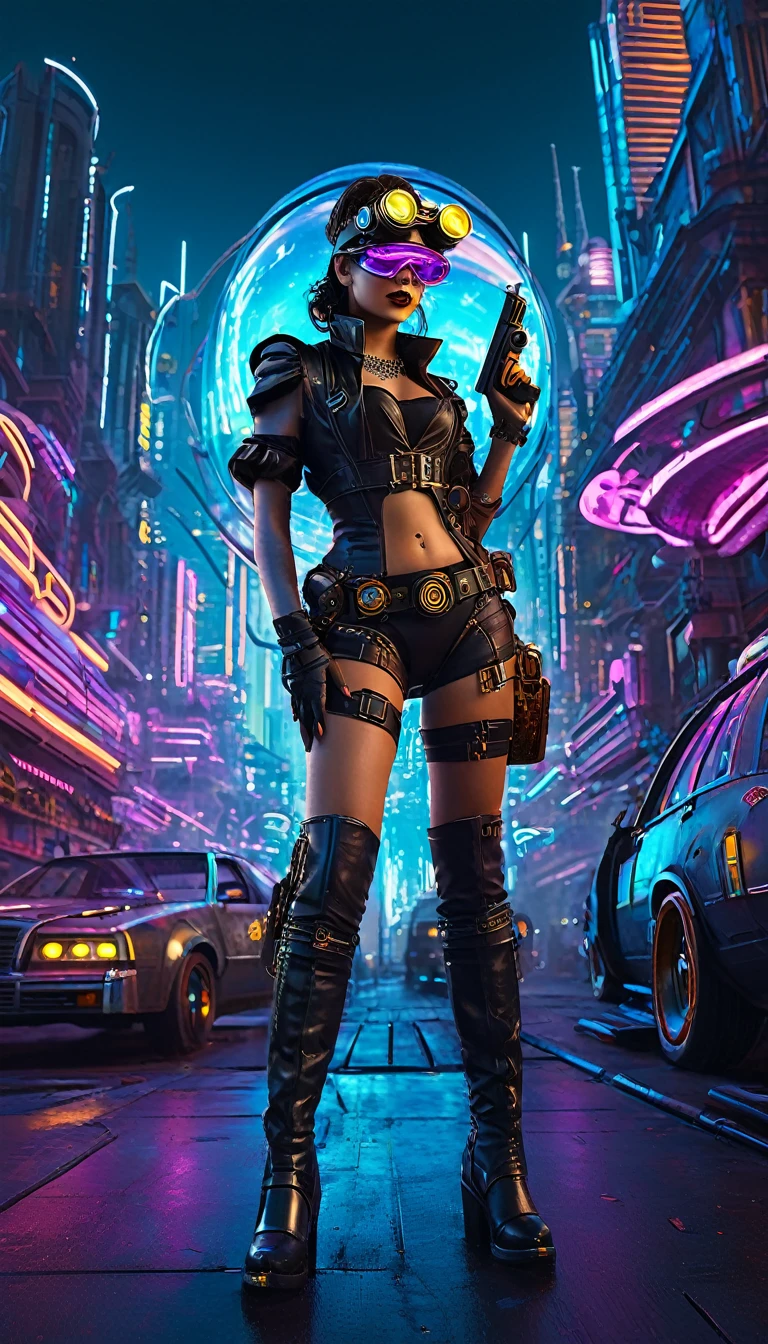 A girl in an atompunk city, wearing a futuristic outfit, with glowing neon lights reflecting on her metallic, high-tech goggles and visor. She is holding a vintage raygun in her hand and standing in front of a retro-futuristic vehicle. The cityscape is filled with towering skyscrapers adorned with art deco designs, and floating advertisements showcasing advanced technology. The streets are bustling with people wearing steampunk-inspired clothing, and there are airships soaring through the sky. The overall scene is bathed in a vibrant color palette, with a mix of cool blues and purples contrasting with the warm hues of the neon lights. The lighting is dramatic and dynamic, casting long shadows and emphasizing the futuristic elements in the scene. The image quality is (best quality, ultra-detailed, realistic:1.37), with sharp focus and vivid colors. The art style is a combination of steampunk and cyberpunk, with intricate details and a sense of technological advancement.