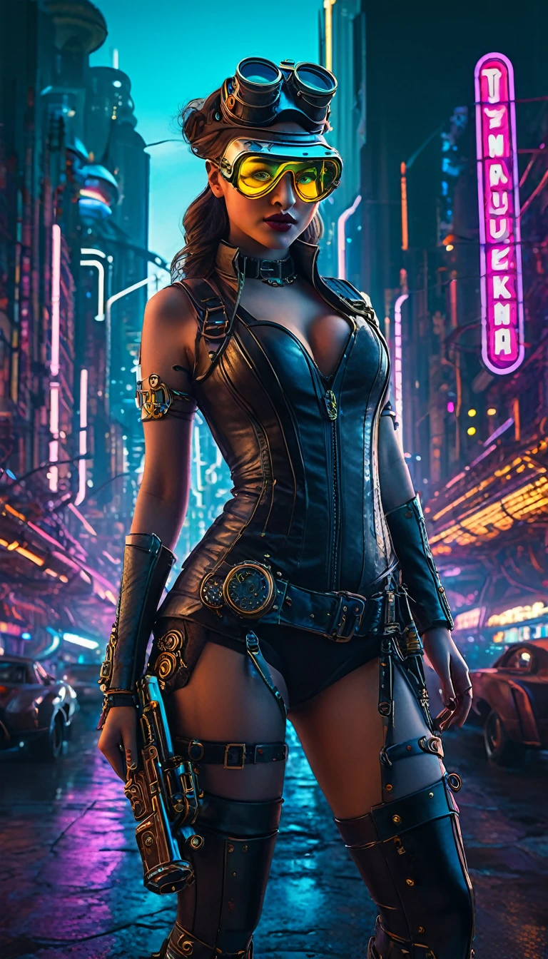 A girl in an atompunk city, wearing a futuristic outfit, with glowing neon lights reflecting on her metallic, high-tech goggles and visor. She is holding a vintage raygun in her hand and standing in front of a retro-futuristic vehicle. The cityscape is filled with towering skyscrapers adorned with art deco designs, and floating advertisements showcasing advanced technology. The streets are bustling with people wearing steampunk-inspired clothing, and there are airships soaring through the sky. The overall scene is bathed in a vibrant color palette, with a mix of cool blues and purples contrasting with the warm hues of the neon lights. The lighting is dramatic and dynamic, casting long shadows and emphasizing the futuristic elements in the scene. The image quality is (best quality, ultra-detailed, realistic:1.37), with sharp focus and vivid colors. The art style is a combination of steampunk and cyberpunk, with intricate details and a sense of technological advancement.