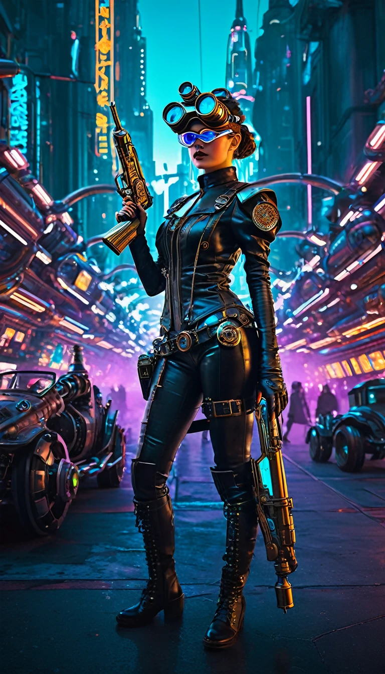 A girl in an atompunk city, wearing a futuristic outfit, with glowing neon lights reflecting on her metallic, high-tech goggles and visor. She is holding a vintage raygun in her hand and standing in front of a retro-futuristic vehicle. The cityscape is filled with towering skyscrapers adorned with art deco designs, and floating advertisements showcasing advanced technology. The streets are bustling with people wearing steampunk-inspired clothing, and there are airships soaring through the sky. The overall scene is bathed in a vibrant color palette, with a mix of cool blues and purples contrasting with the warm hues of the neon lights. The lighting is dramatic and dynamic, casting long shadows and emphasizing the futuristic elements in the scene. The image quality is (best quality, ultra-detailed, realistic:1.37), with sharp focus and vivid colors. The art style is a combination of steampunk and cyberpunk, with intricate details and a sense of technological advancement.