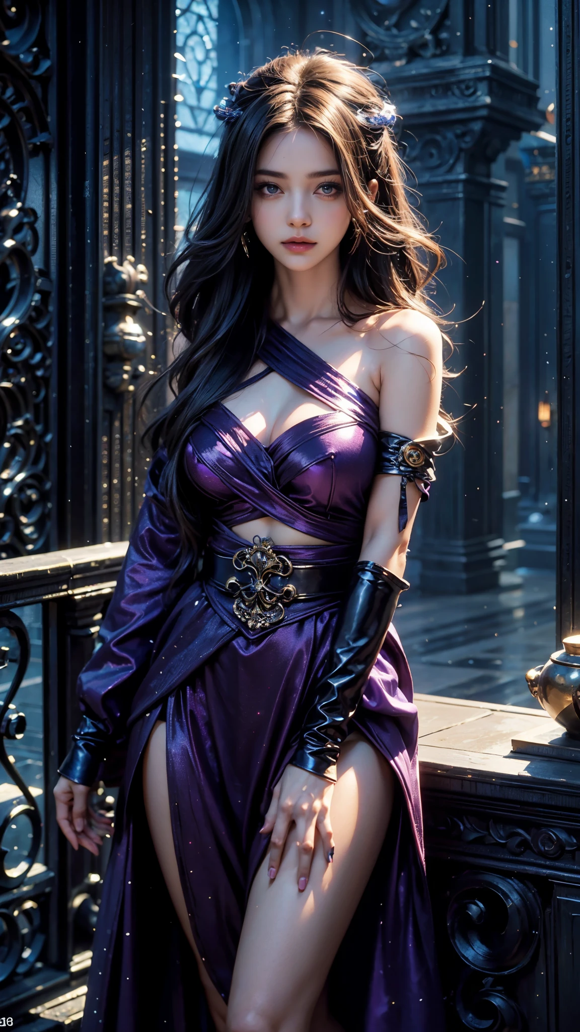 4k, UHD, masterpiece, Color Field painting, 1 girl, good face, ((detailed eyes)), very long hair, impressive hairstyle, perfect brasts, fantasy cosplay, purple cosplay, bare waist, night city, building, lamps, depth of field, reflection light, sparkle, chromatic aberration