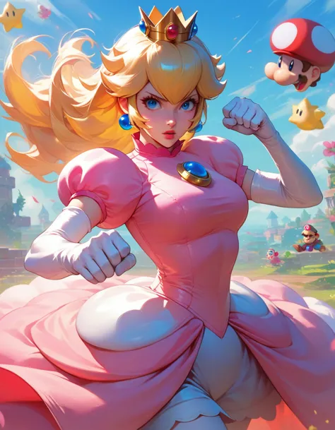 score_9, score_8_up, score_7_up, 1girl, Princess Peach from Mario, looking at viewer, action pose, cowboy shot