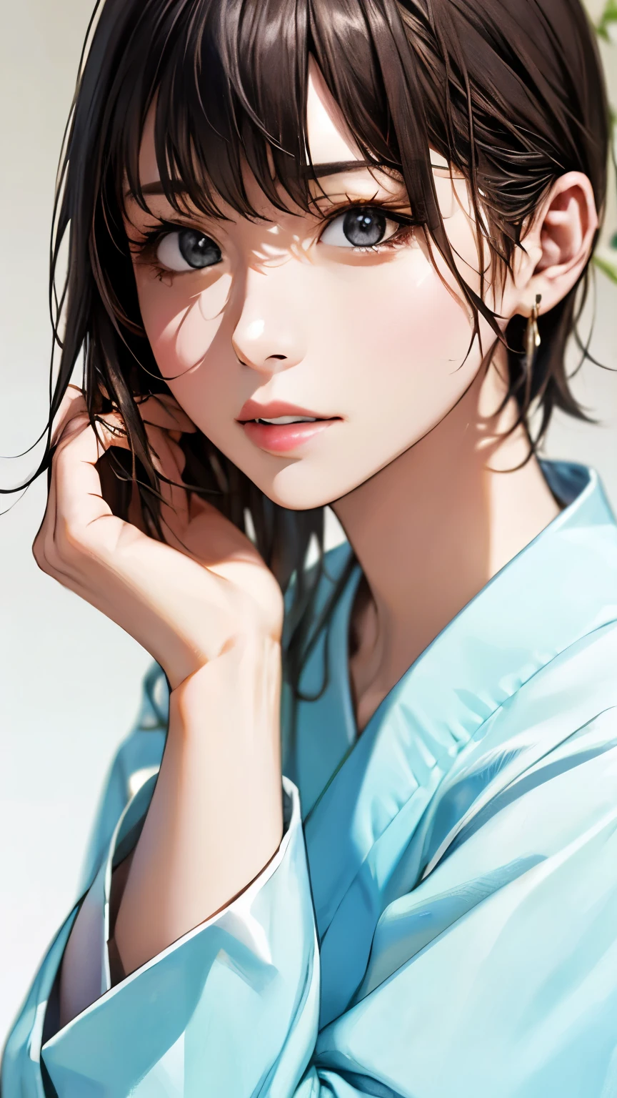 (hig彼st quality、8k、32k、masterpiece)、(Realistic)、(Realistic:1.2)、(High resolution)、Very detailed、Very beautiful face and eyes、1 girl、Delicate body、short hair, (hig彼st quality、Attention to detail、Rich skin detail)、(hig彼st quality、8k、Oil paint:1.2)、Very detailed、(Realistic、Realistic:1.37)、Bright colors、Full Body Shot, (Casual Fashion)