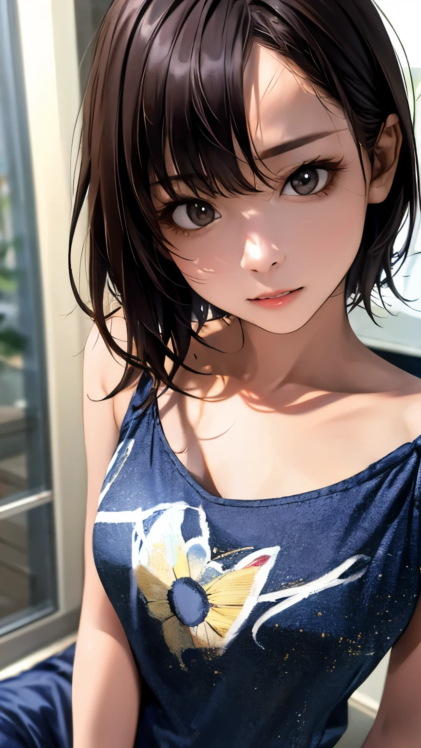 (hig彼st quality、8k、32k、masterpiece)、(Realistic)、(Realistic:1.2)、(High resolution)、Very detailed、Very beautiful face and eyes、1 girl、Delicate body、short hair, (hig彼st quality、Attention to detail、Rich skin detail)、(hig彼st quality、8k、Oil paint:1.2)、Very detailed、(Realistic、Realistic:1.37)、Bright colors、Full Body Shot, (Casual Fashion)