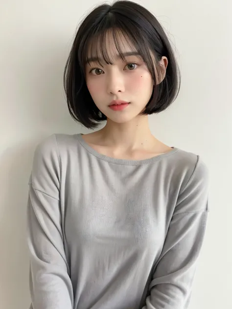 Grey long-sleeved dress、Stylish dresses、Tabletop、(背景にWhite wall、Some of my hair is light grey:1.4)、White wall、In front of a whit...