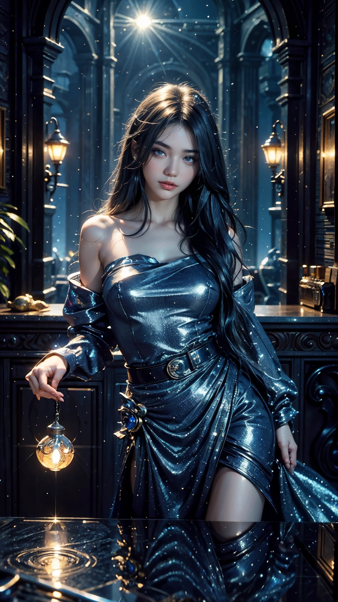 4k, UHD, masterpiece, 1 girl, good face, ((detailed eyes)), very long hair, impressive hairstyle, perfect brasts, fantasy cosplay, blue cosplay, (bare waist:0.8), night city, building, lamps, depth of field, reflection light, sparkle, chromatic aberration,