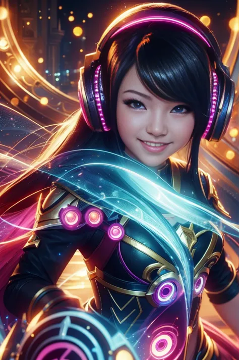 close-up：a smiling girl with headphones, 8k type germ bokeh, rossdraws global illumination, league of legends characters, stanle...