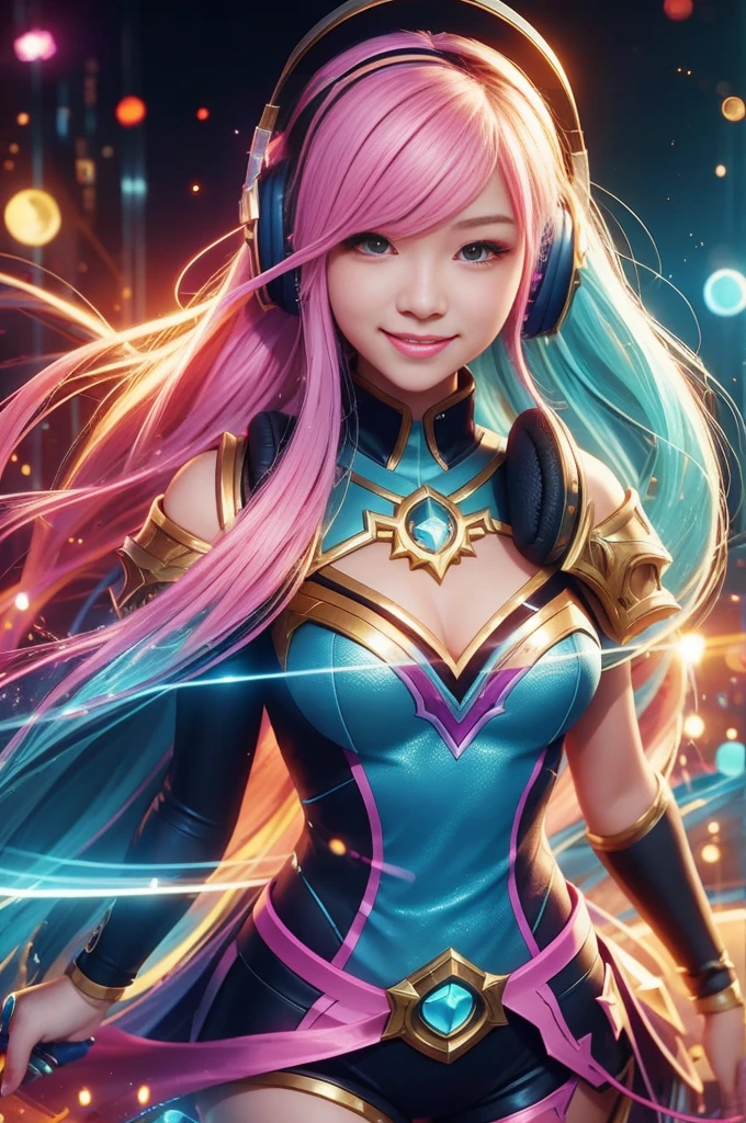 Close-up：A smiling girl with headphones, 8k Type Germ bokeh, rossdraws Global Illumination, League of Legends Characters, stanley Type Germ lau, extremely detailed Type Germ, style Type Germ, Ross trans style, Most models | Type Germ, rossdraws cartoon vitality, Type Germ lau, trending Type Germ