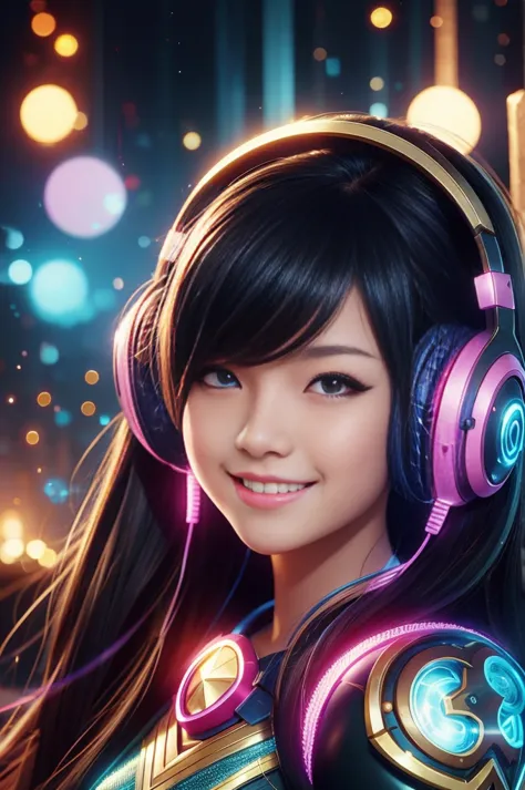 close-up：a smiling girl with headphones, 8k type germ bokeh, rossdraws global illumination, league of legends characters, stanle...