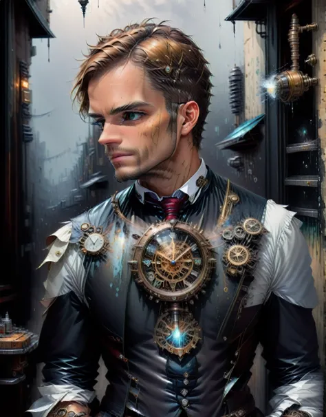 Robot-Butler with mechanical engineering profile, steampunk tie, detail soft shadow, ennui atmosphere mechanical face, mechanica...