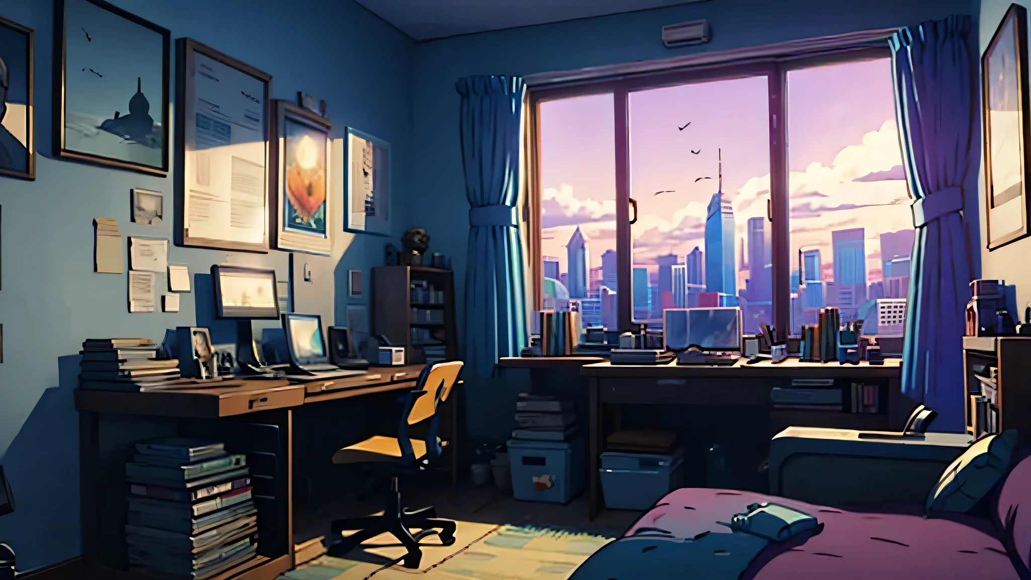 3D-Animation, filmisches Standbild eines gemütlichen Zimmers, große Fenster mit Blick auf die Stadt bei Nacht, Mond mit Haube, melancholisch, traurige Stimmung, Das Bett ist ungemacht, computer desk, vollgestopft mit unpassenden Möbeln, Die Poster im Otaku-Stil an den Wänden und die Gitarre in der Ecke,im Stil von Pixar, Disney, Dampfwelle
