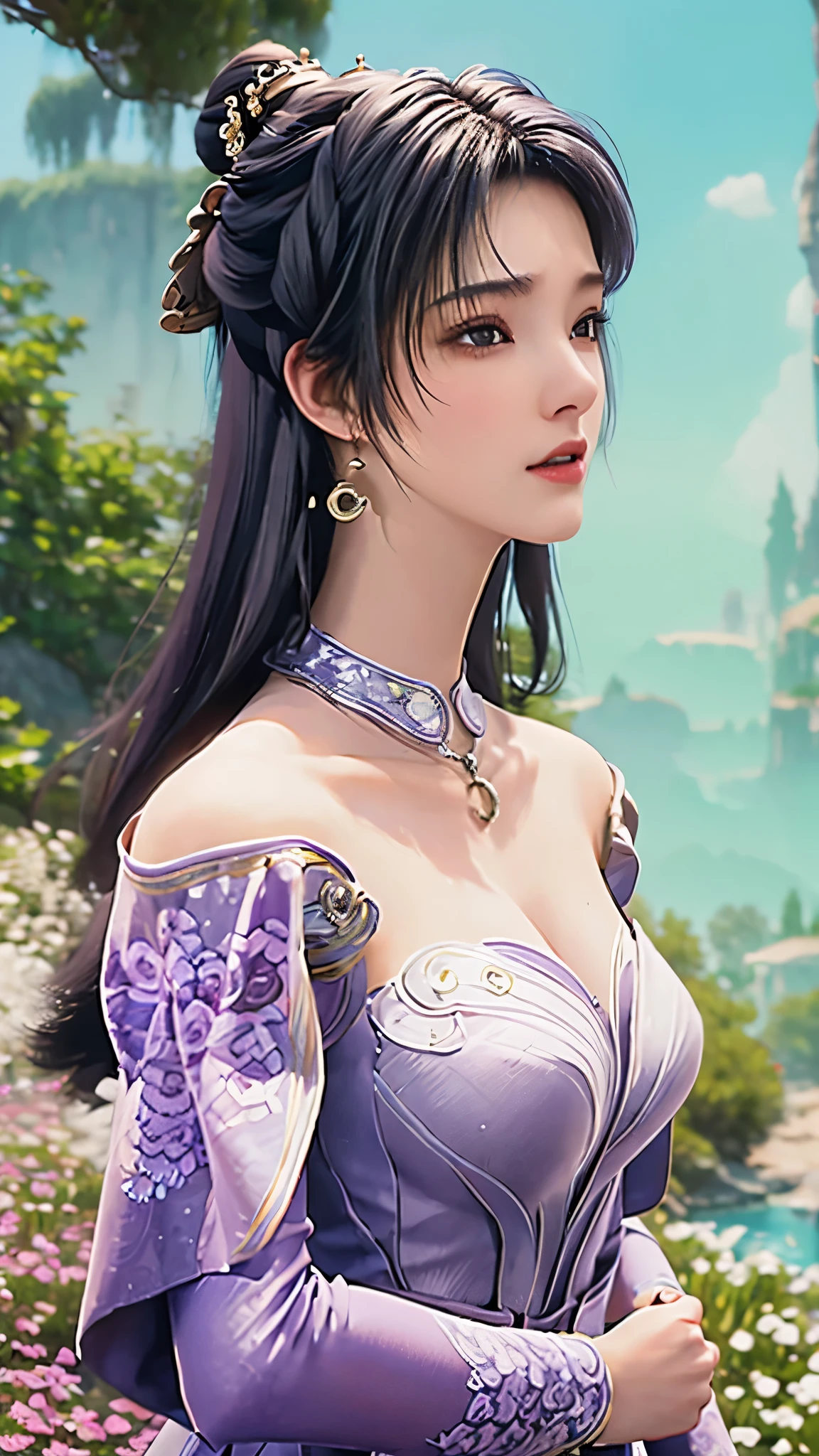 masterpiece，Best picture quality，HD 8K Wallpaper，Beautiful picture，Elegant single woman，Round dress，Shiny eyes，Detail at its best，一个精致masterpiece，Pure beauty and lightness，Moderately aesthetic，Gentle and elegant，Attention to detail，Purple and black lace round princess skirt，Fairy